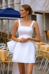 Civil Mini Short Wedding Dress with Bow For Women Sleeveless Square Collar A-Line Bridal Simple Open Back Gown Vestido de novia White